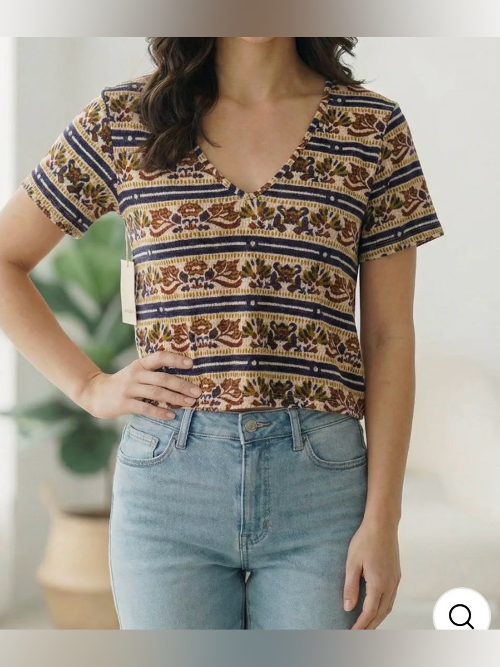 Andthewhy PRINT JACQUARD TOP V Neck Striped Top